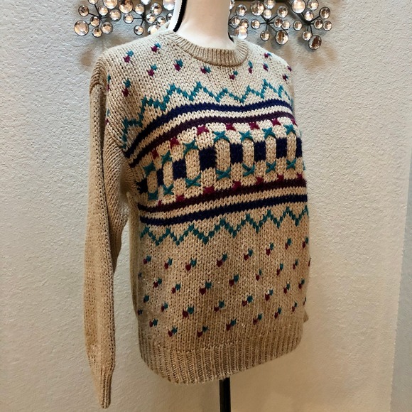 JJ Fargo Handknit Sweater Women's Large (L) Camel Colored Maroon Navy VNTG 80s - Picture 4 of 10